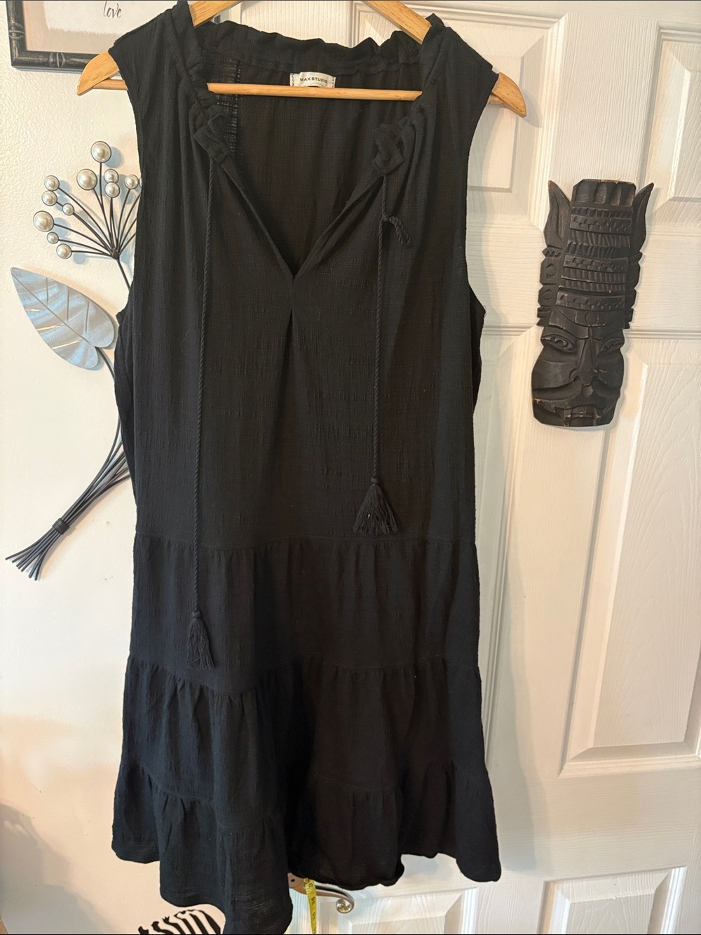 Max Studio Black Sleeveless Tiered V-Neck Mini Dress with Tassel Ties